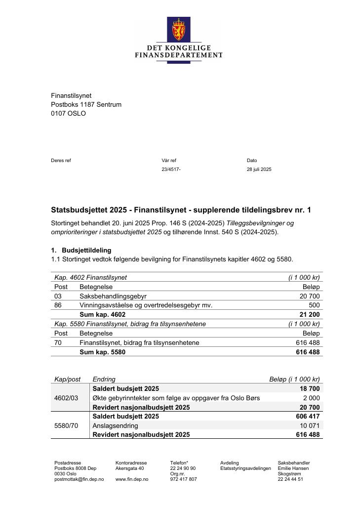 Forsiden av dokumentet Tildelingsbrev Finanstilsynet 2025 - tillegg nr. 1