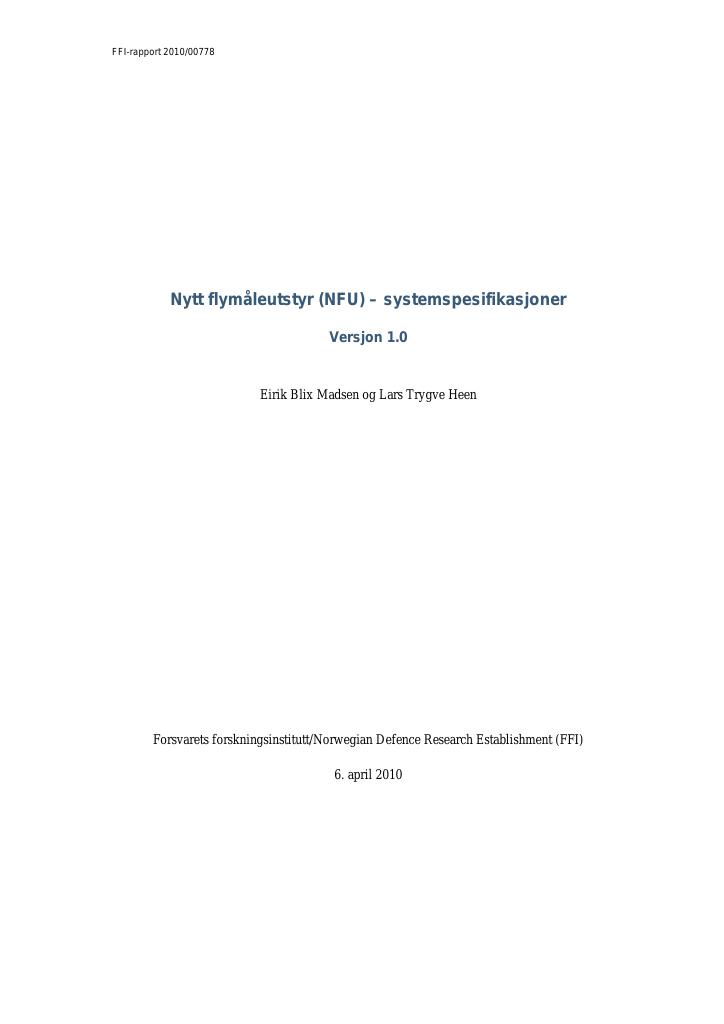 Forsiden av dokumentet Nytt flymåleutstyr (NFU) - systemspesifikasjoner - Versjon 1.0