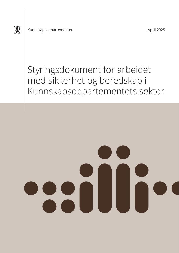 Forsiden av dokumentet Styringsdokument for arbeidet med sikkerhet og beredskap i Kunnskapsdepartementets sektor