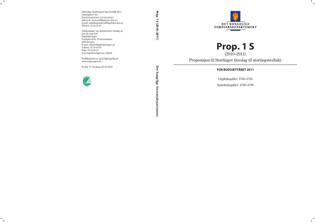 Forsiden av dokumentet Prop. 1 S (2010–2011)