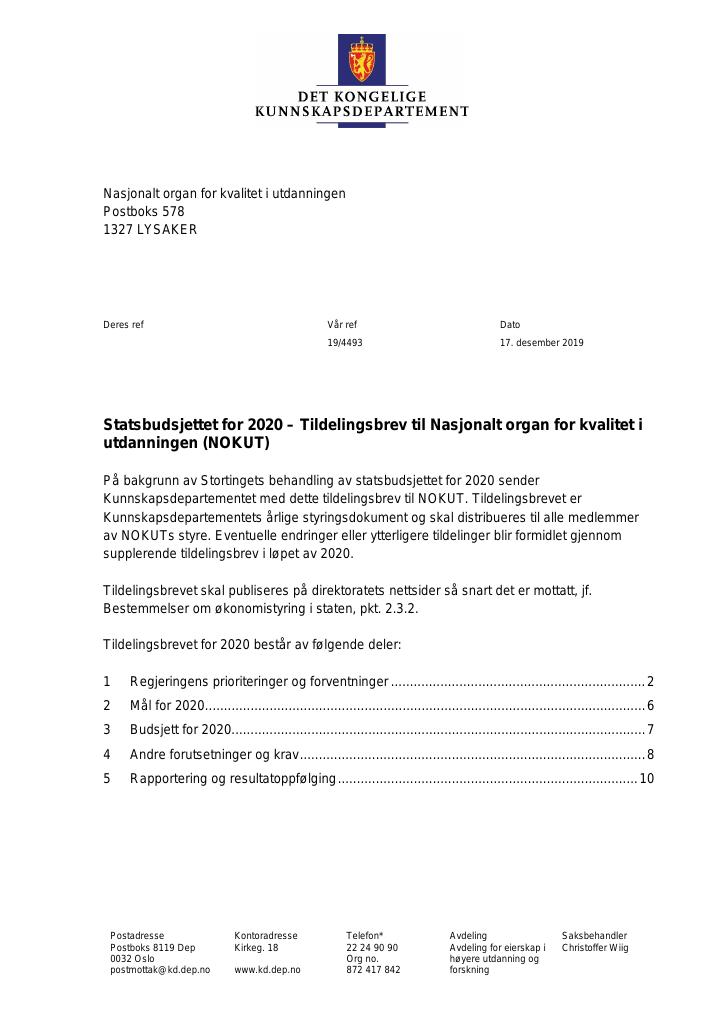 Forsiden av dokumentet Tildelingsbrev 2020