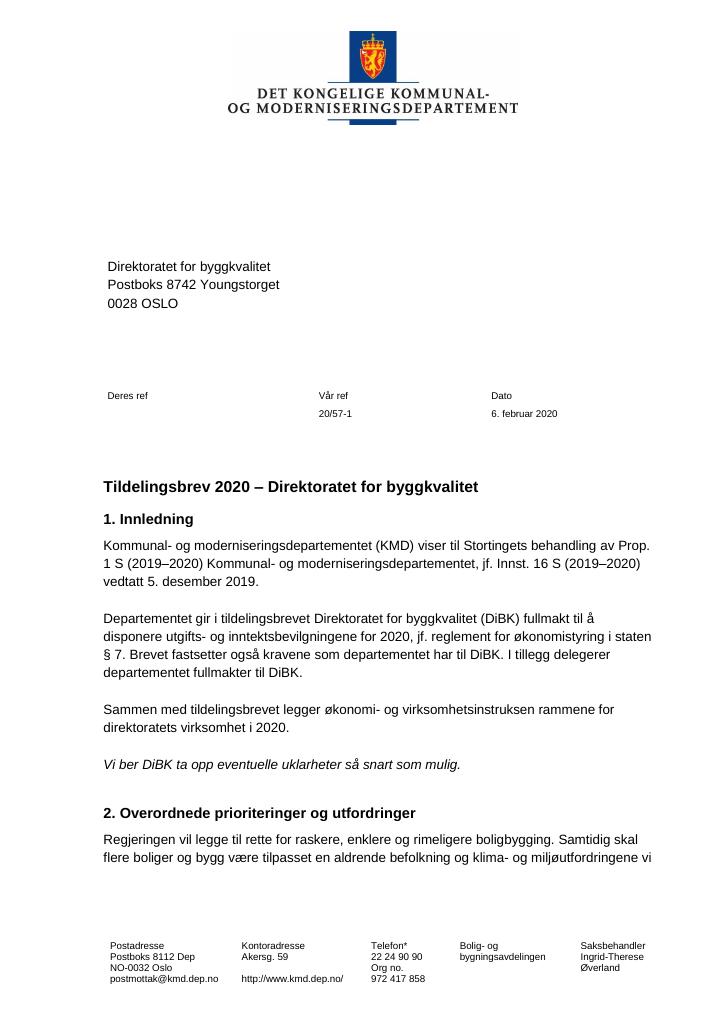 Forsiden av dokumentet Tildelingsbrev Direktoratet for byggkvalitet 2020