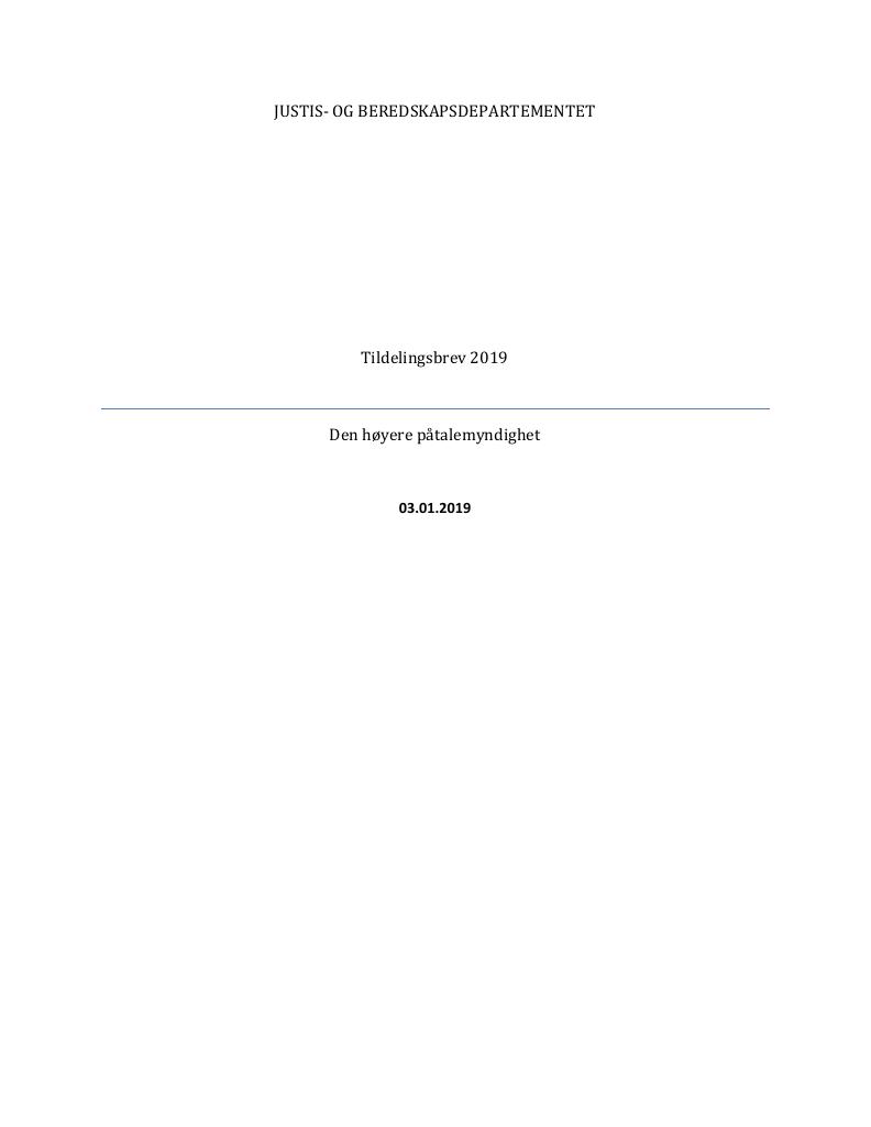 Forsiden av dokumentet Tildelingsbrev Den høyere påtalemyndighet 2019