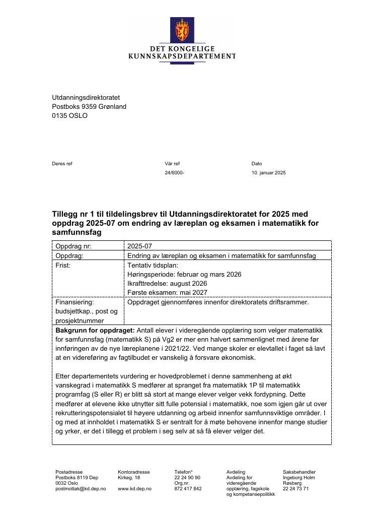 Forsiden av dokumentet Tildelingsbrev Utdanningsdirektoratet 2025 - tillegg nr. 1 og tillegg nr. 21 til nr. 26