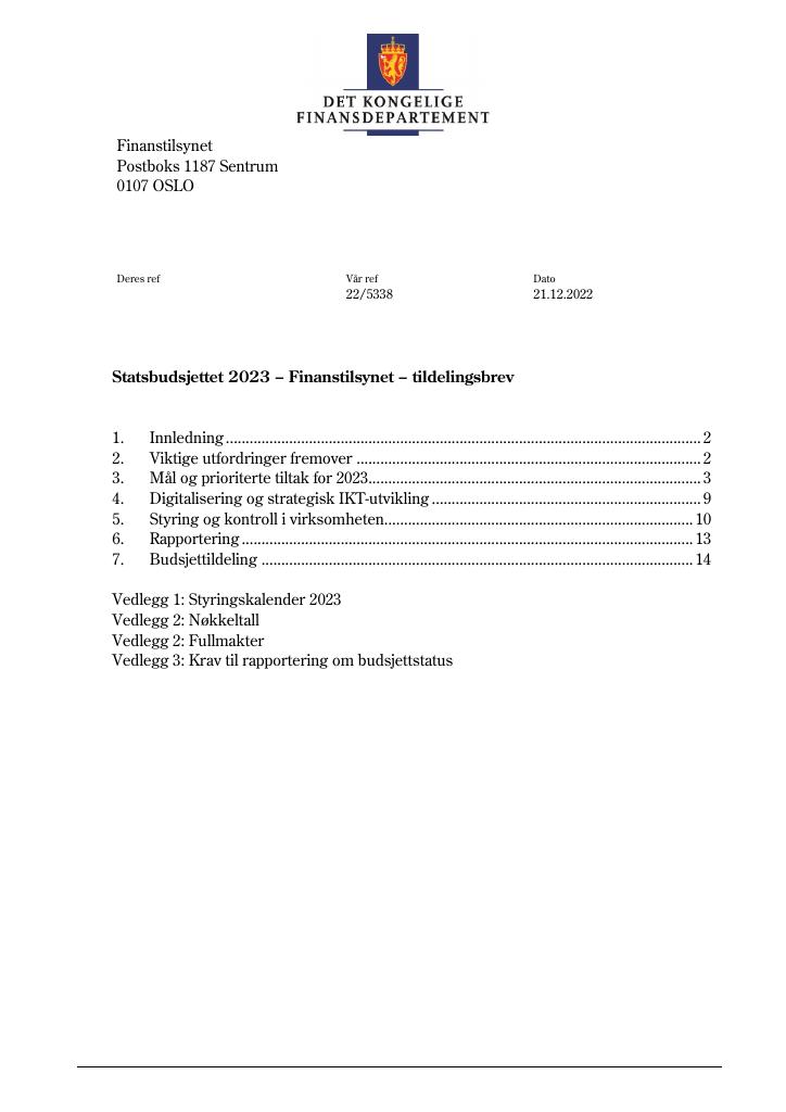 Tildelingsbrev Finanstilsynet 2023 - Kudos