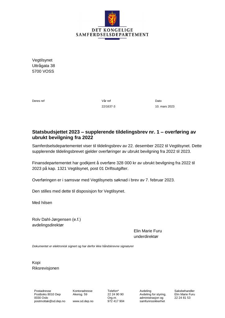 Forsiden av dokumentet Tildelingsbrev Vegtilsynet 2023 - tillegg nr. 1