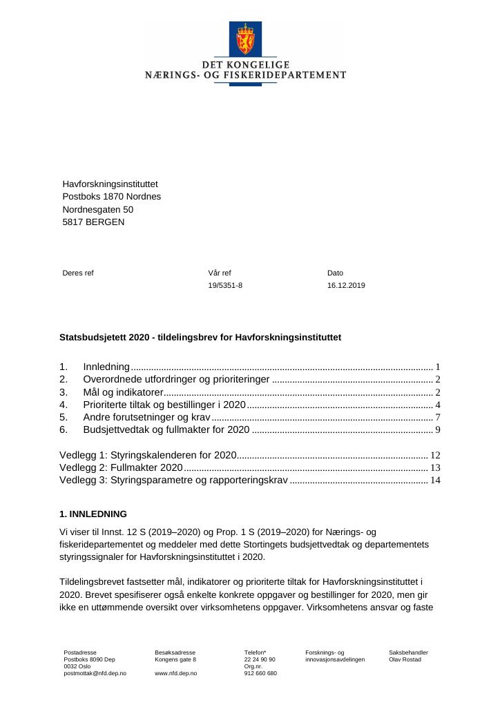 Forsiden av dokumentet Tildelingsbrev Havforskningsinstituttet 2020