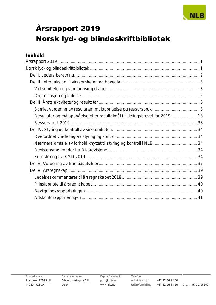 Forsiden av dokumentet Årsrapport Norsk lyd- og blindeskriftbibliotek 2019