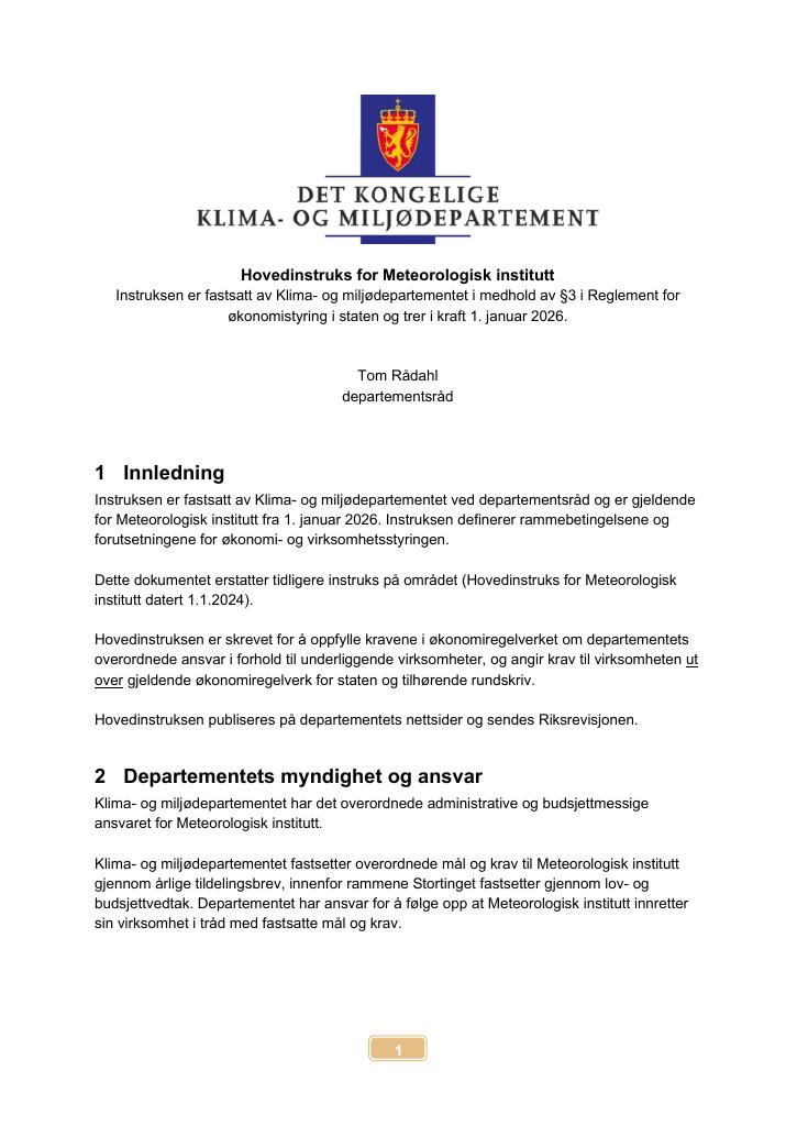 Forsiden av dokumentet Hovedinstruks Meteorologisk institutt