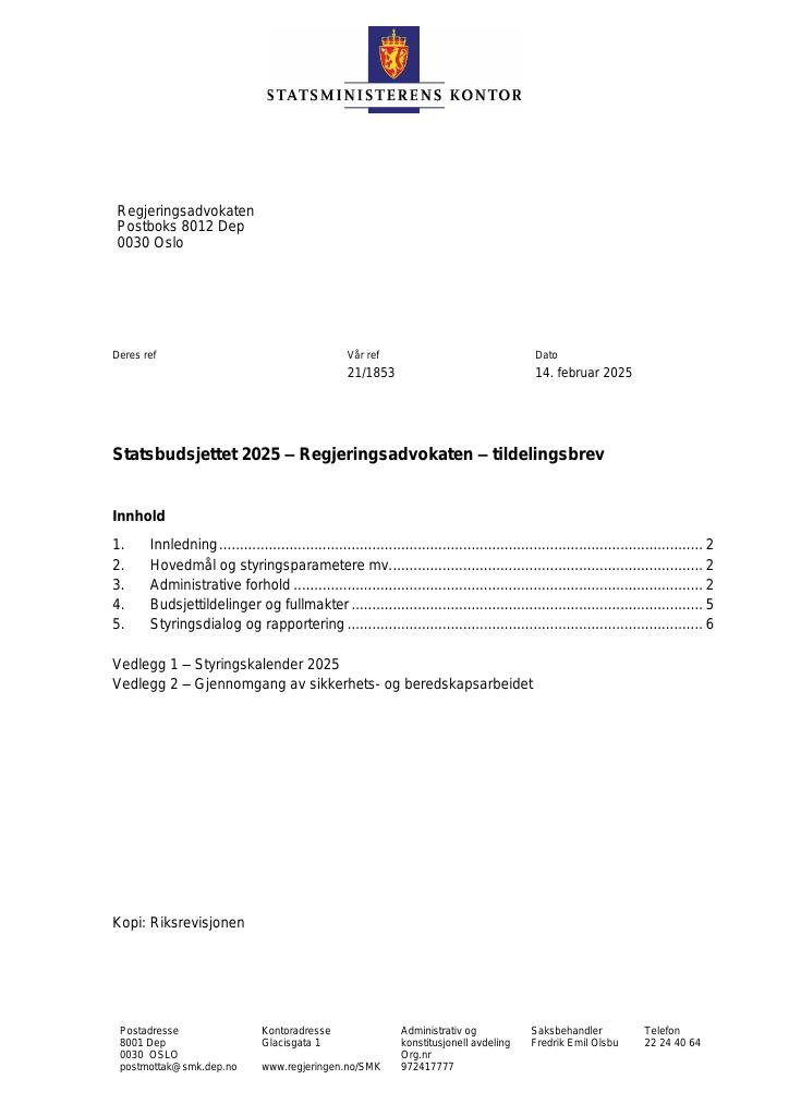 Forsiden av dokumentet Tildelingsbrev Regjeringsadvokaten 2025