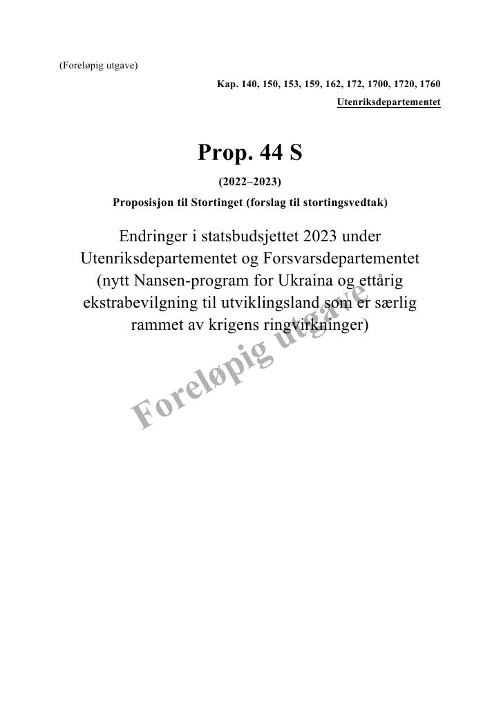 Forsiden av dokumentet Prop. 44 S (2022–2023)