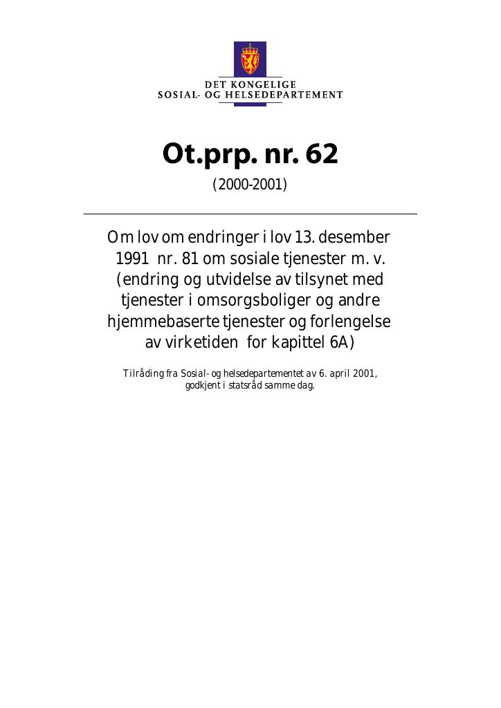 Forsiden av dokumentet Ot.prp. nr. 62 (2000-2001)