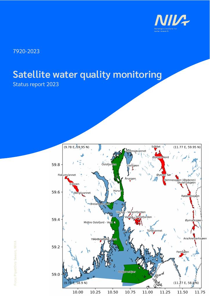 Forsiden av dokumentet Satellite water quality monitoring: Status report 2023 : vannovervåking med satellitt: Status rapport 2023