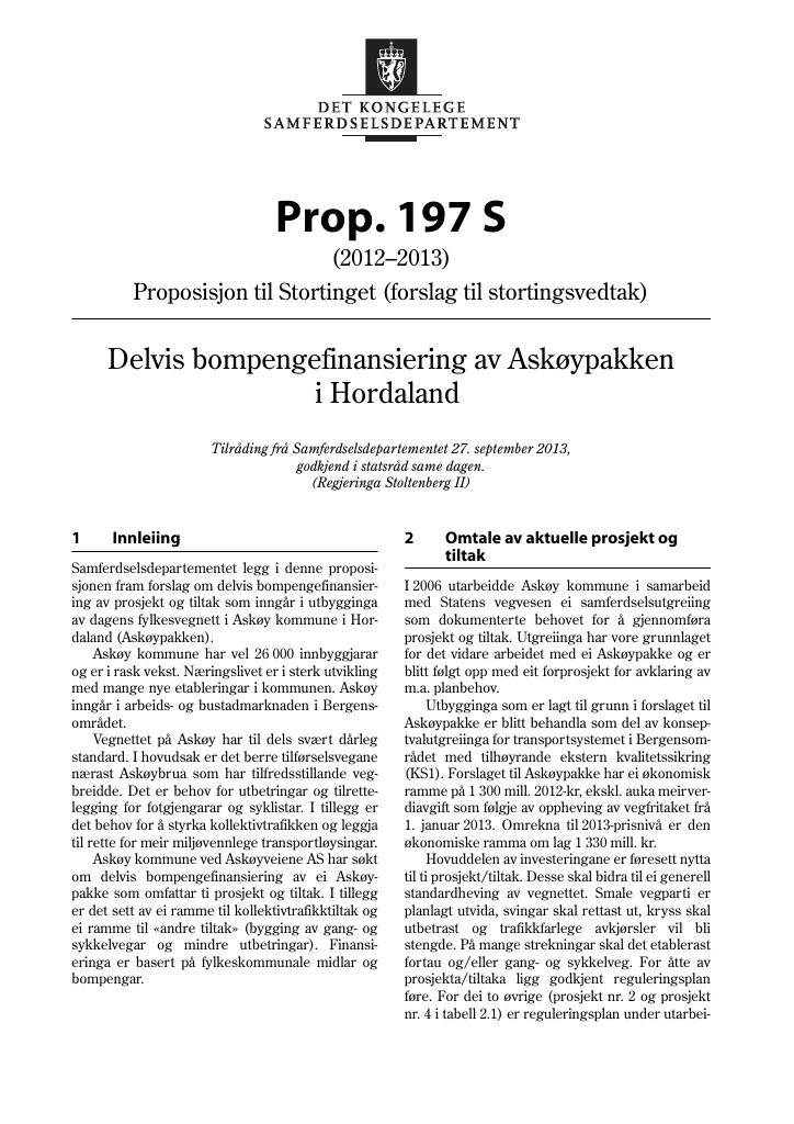 Forsiden av dokumentet Prop. 197 S (2012–2013)