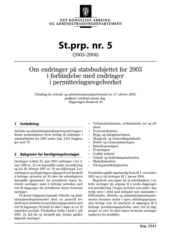 Forsiden av dokumentet St.prp. nr. 5 (2003-2004)