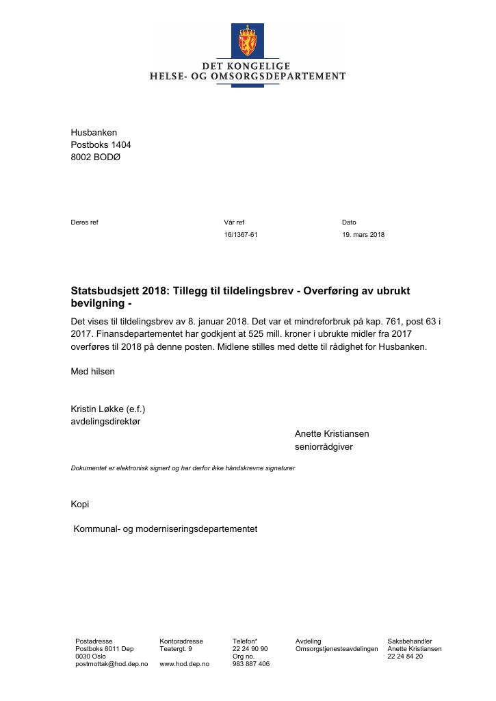 Forsiden av dokumentet Supplerende tildelingsbrev nr. 1 Husbanken 2018