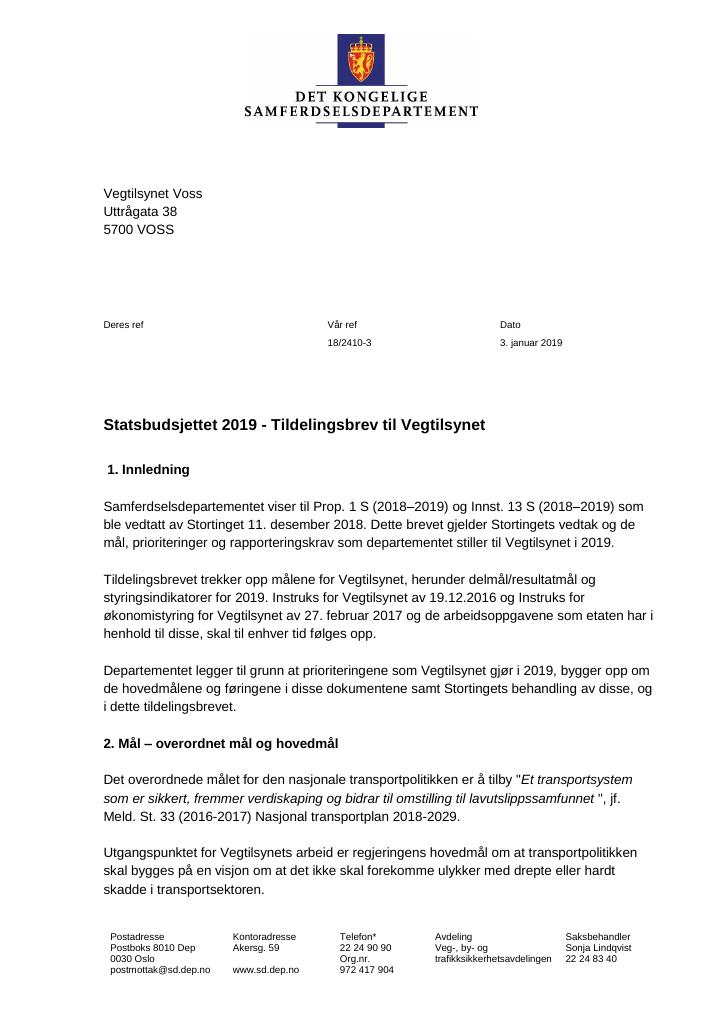 Forsiden av dokumentet Tildelingsbrev