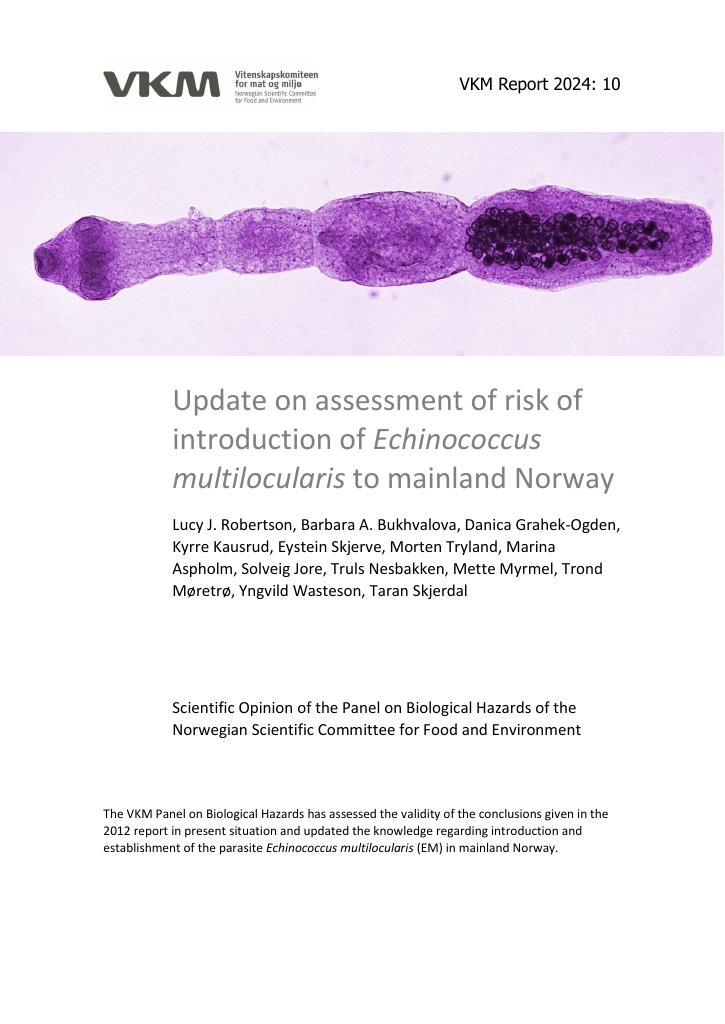 Forsiden av dokumentet Update on assessment of risk of  introduction of Echinococcus  multilocularis to mainland Norway