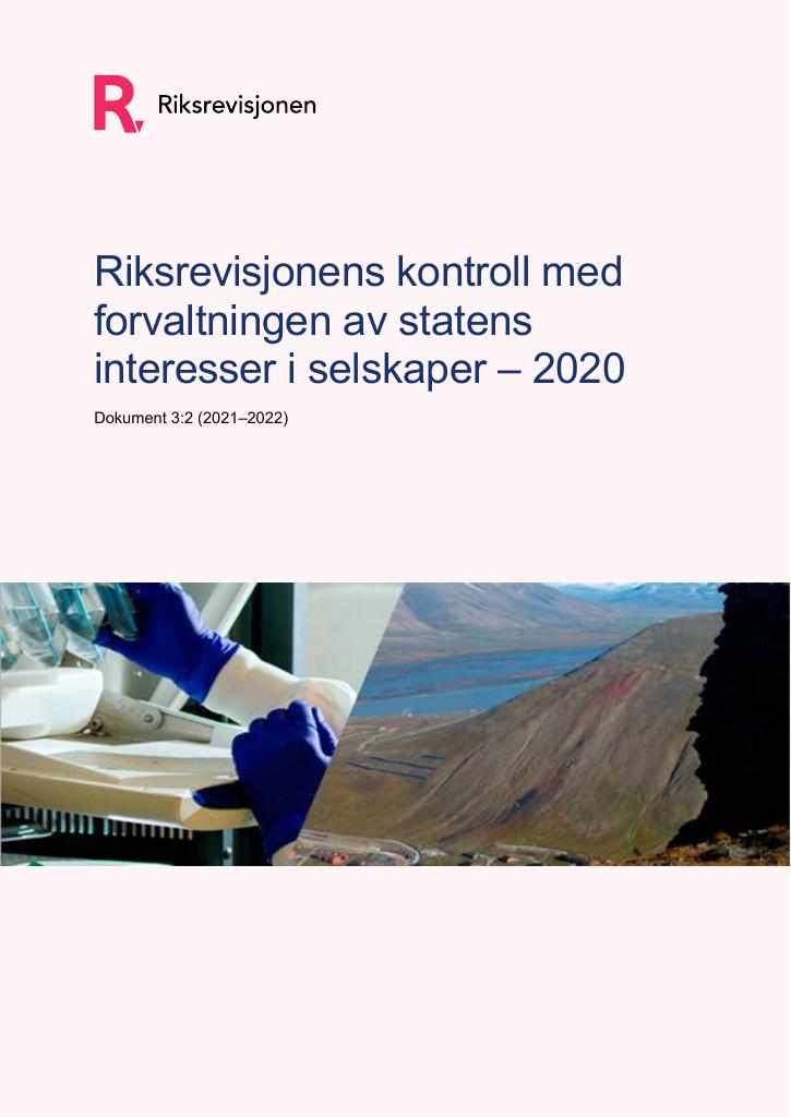 Forsiden av dokumentet Riksrevisjonens kontroll med 
forvaltningen av statens 
interesser i selskaper – 2020