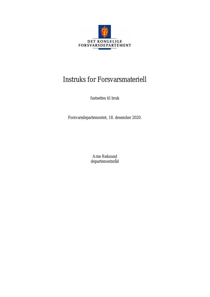 Forsiden av dokumentet Instruks for Forsvarsmateriell - 1. januar 2021.pdf