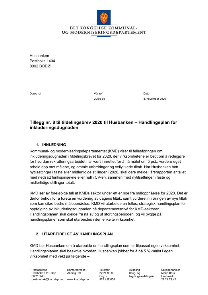 Forsiden av dokumentet Tildelingsbrev Husbanken 2020 - tillegg nr. 8