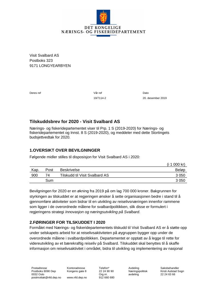 Forsiden av dokumentet Tilskuddsbrev