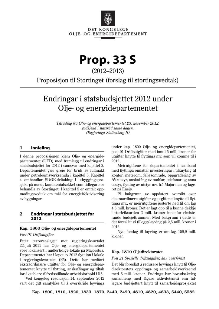 Forsiden av dokumentet Prop. 33 S (2012–2013)
