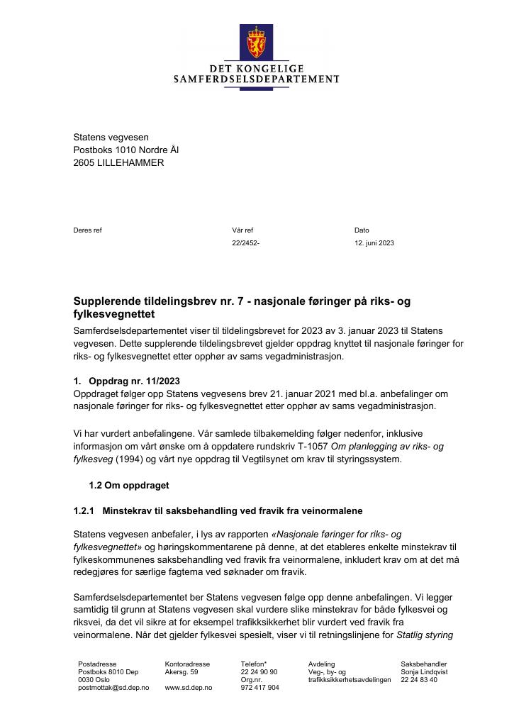 Forsiden av dokumentet Tildelingsbrev Statens vegvesen 2023 - tillegg nr. 7
