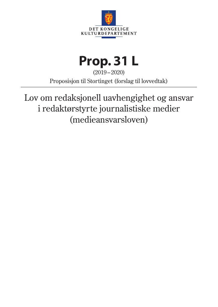 Forsiden av dokumentet Prop. 31 L (2019–2020)