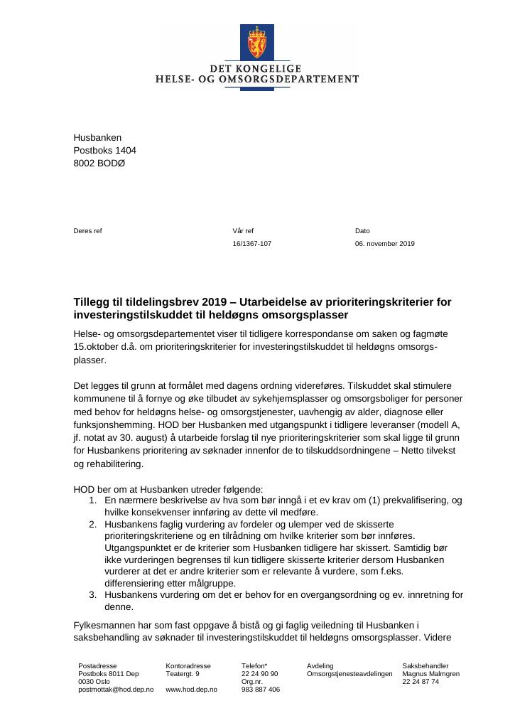 Forsiden av dokumentet Tildelingsbrev Husbanken 2019 - tillegg