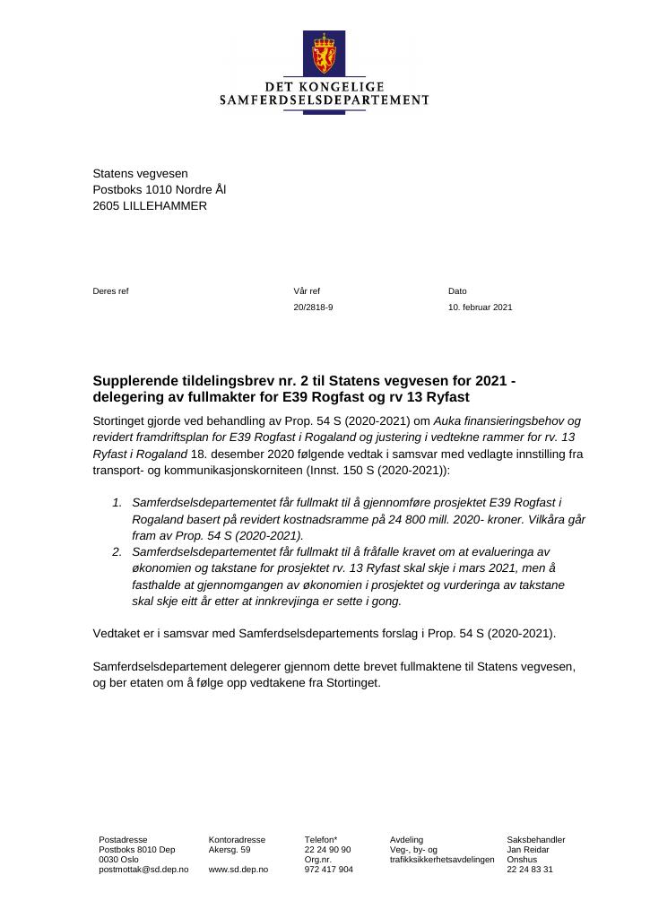 Forsiden av dokumentet Tildelingsbrev Statens vegvesen 2021 - tillegg nr. 2