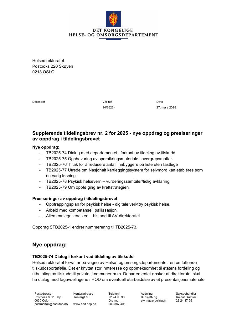 Forsiden av dokumentet Tildelingsbrev Helsedirektoratet 2025 - tillegg nr. 2