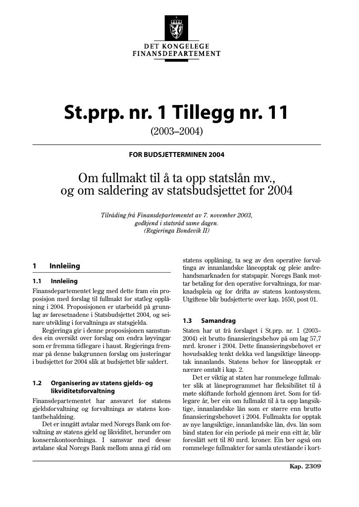 Forsiden av dokumentet St.prp nr. 1 Tillegg nr. 11 (2003-2004)