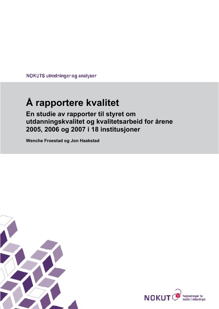 Forsiden av dokumentet Å rapportere kvalitet