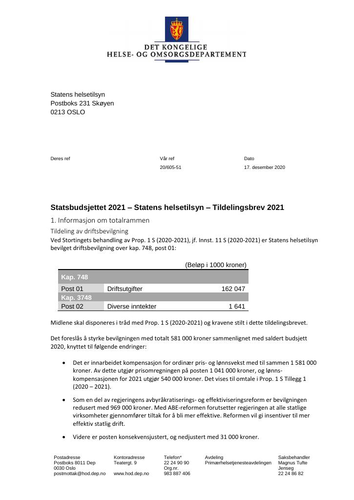 Forsiden av dokumentet Tildelingsbrev Statens helsetilsyn 2021