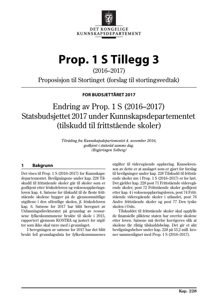 Forsiden av dokumentet Prop. 1 S Tillegg 3 (2016–2017)