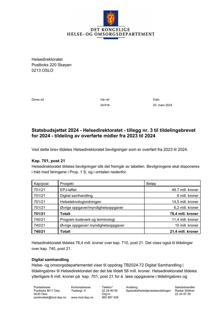 Forsiden av dokumentet Tildelingsbrev Helsedirektoratet 2024 - tillegg nr. 3