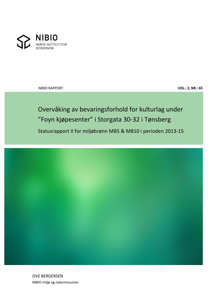 Forsiden av dokumentet Overvåking av bevaringsforhold for kulturlag under ”Foyn kjøpesenter” i Storgata 30-32 i Tønsberg. Statusrapport II for miljøbrønn MB5 & MB10 i perioden 2013-15