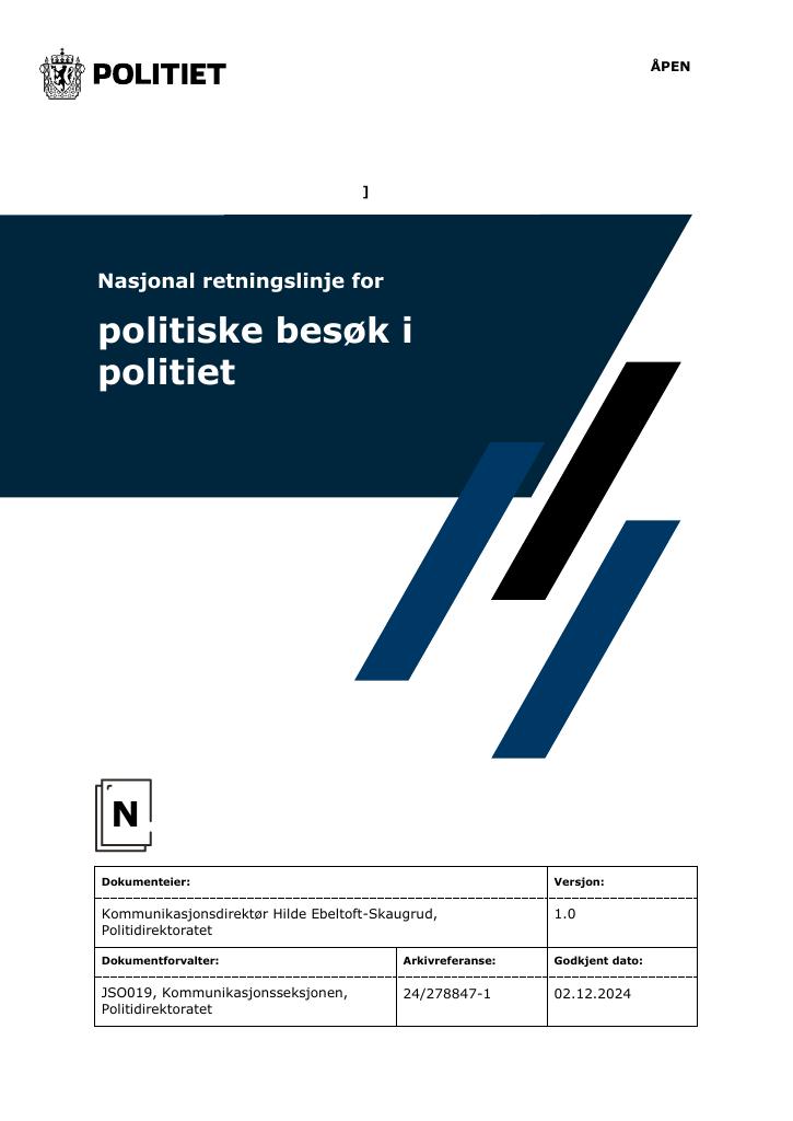 Forsiden av dokumentet Nasjonal retningslinje for politiske besøk i politiet