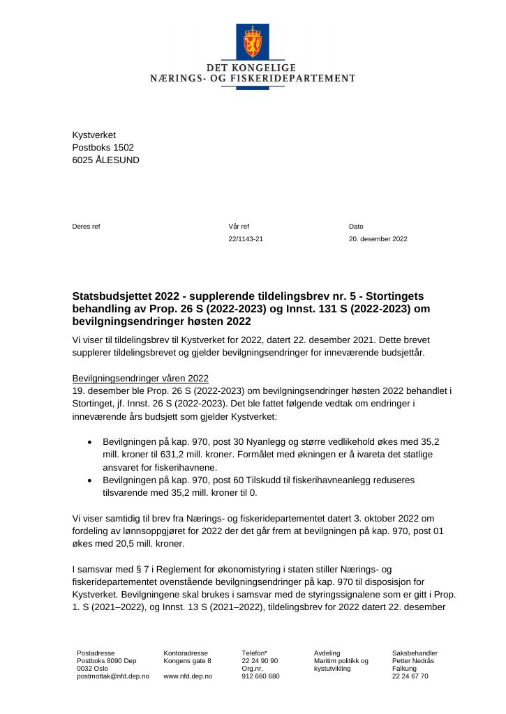 Forsiden av dokumentet Tildelingsbrev Kystverket 2022 - tillegg nr. 5
