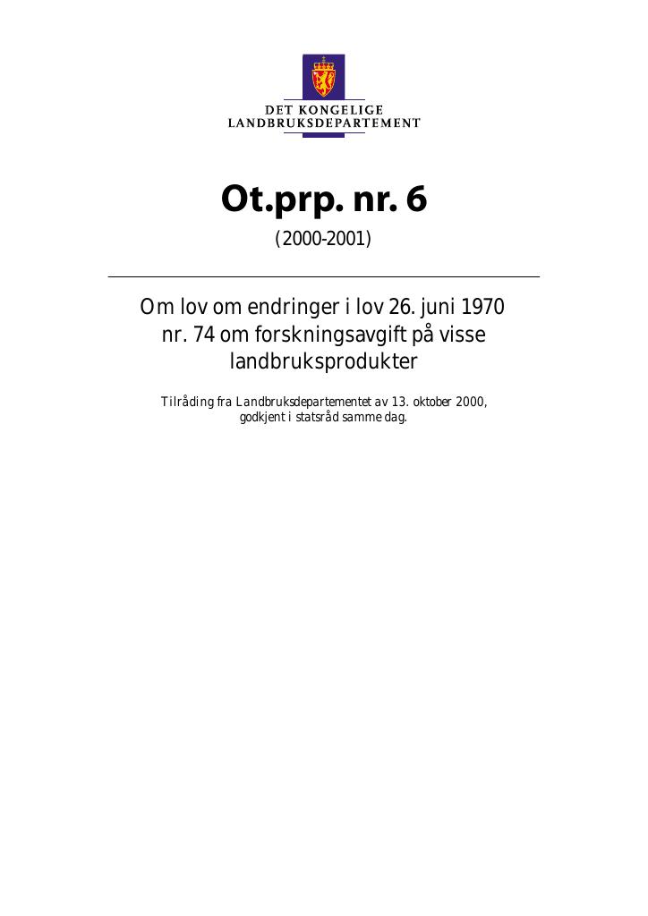 Forsiden av dokumentet Ot.prp. nr. 6 (2000-2001)