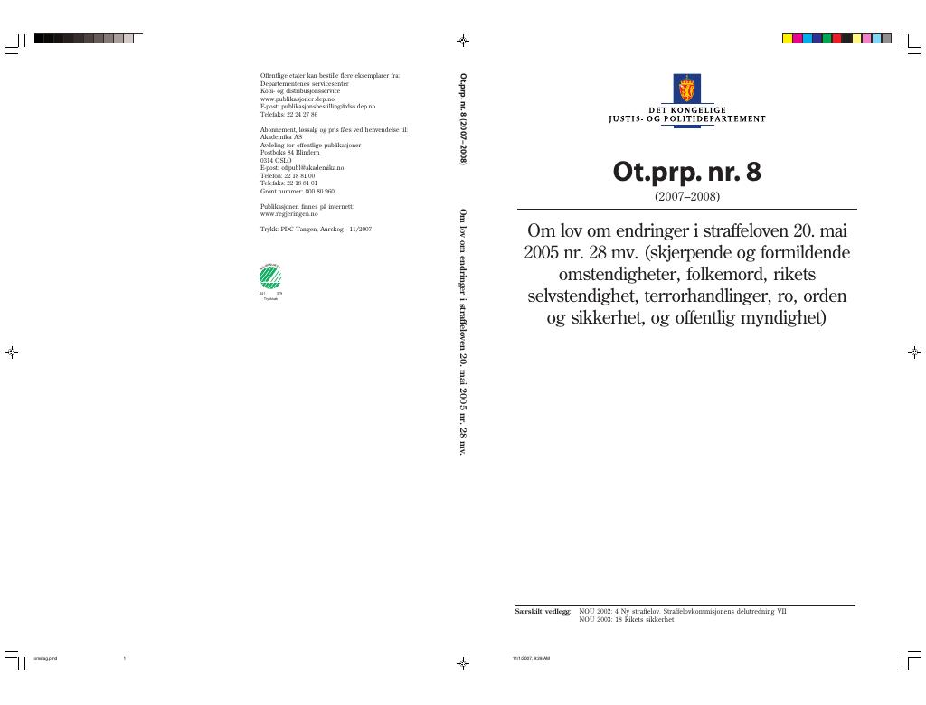 Forsiden av dokumentet Ot.prp. nr. 8 (2007-2008)