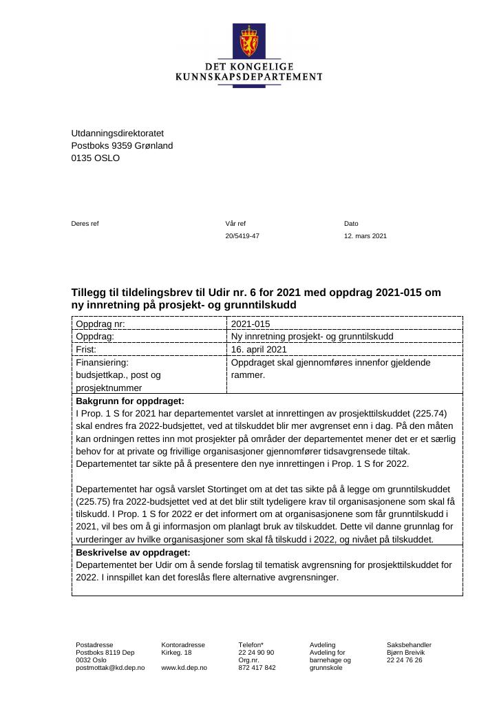 Forsiden av dokumentet Tillegg nr. 6 til tildelingsbrev 2021
