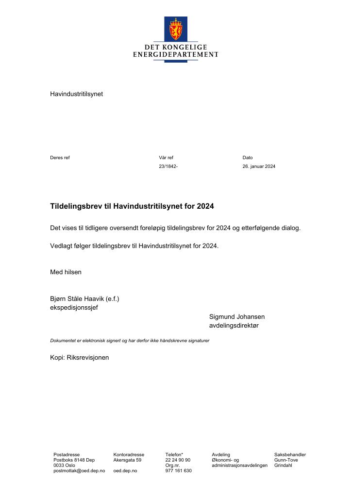Forsiden av dokumentet Tildelingsbrev 2024
