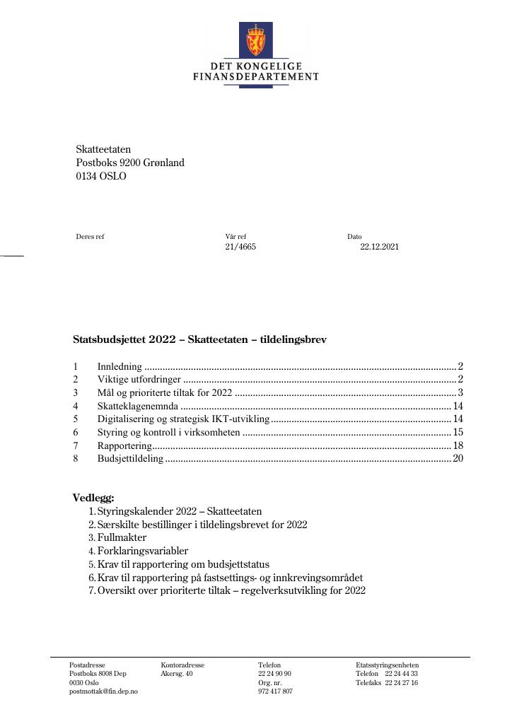 Forsiden av dokumentet Tildelingsbrev Skatteetaten 2022