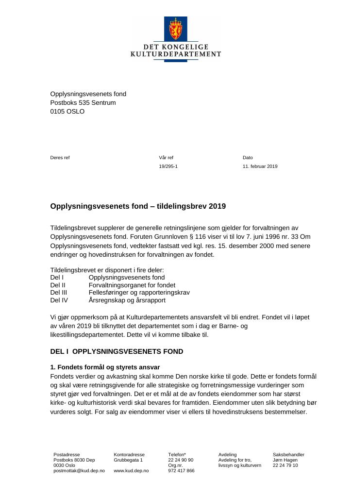 Forsiden av dokumentet Tildelingsbrev Opplysningsvesenets fond 2019