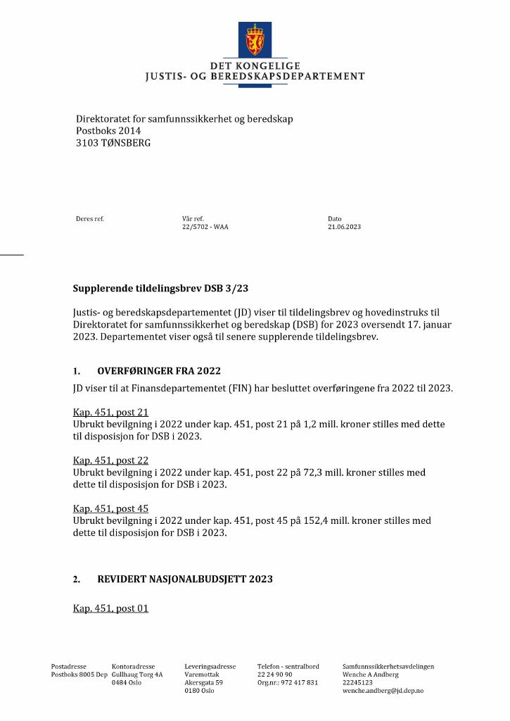 Forsiden av dokumentet Tildelingsbrev Direktoratet for samfunnssikkerhet og beredskap 2023 - tillegg nr. 3