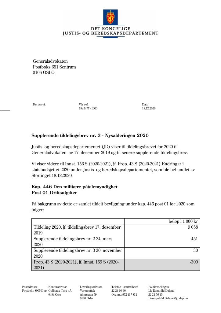 Forsiden av dokumentet Tildelingsbrev Generaladvokaten 2020 - tillegg nr. 3