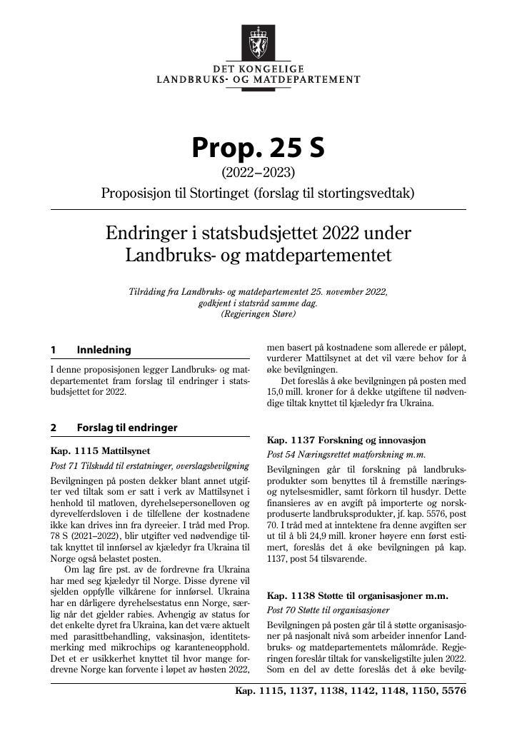 Forsiden av dokumentet Prop. 25 S (2022–2023)