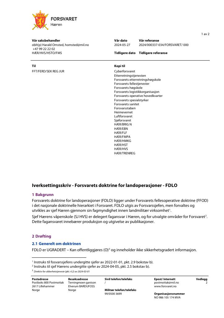 Forsiden av dokumentet Forsvarets doktrine for landoperasjoner - FDLO